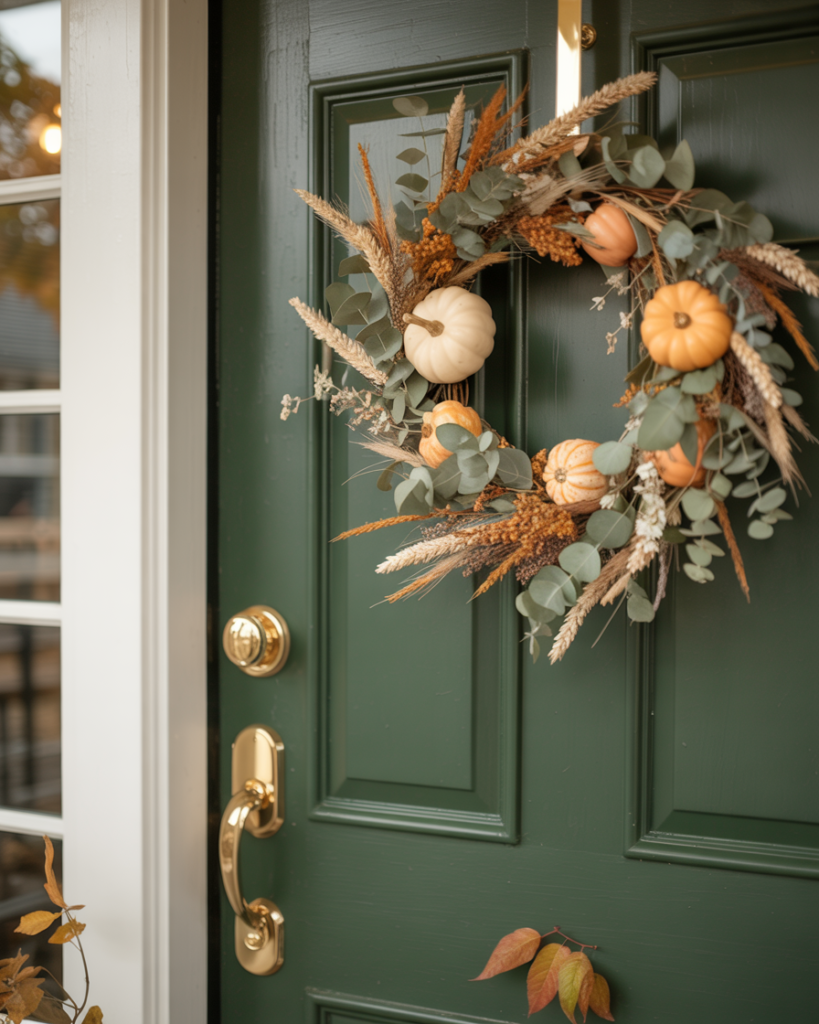Close-up of elegant fall wreath on a dark green front door, featuring mini pumpkins, wheat stems, eucalyptus, and dried grasses with gold hardware accents — cozy autumn porch decor inspiration.