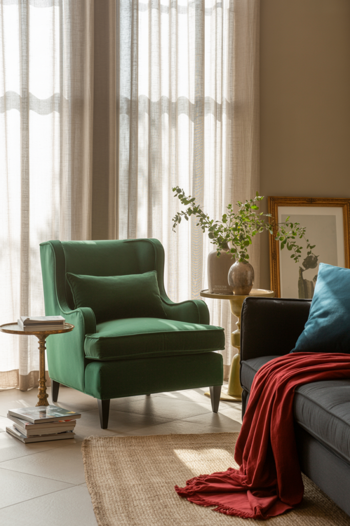 Stylish living room corner with emerald green velvet armchair, side table with stack of books, black sofa with red throw blanket, potted greenery, and framed artwork against sheer beige curtains