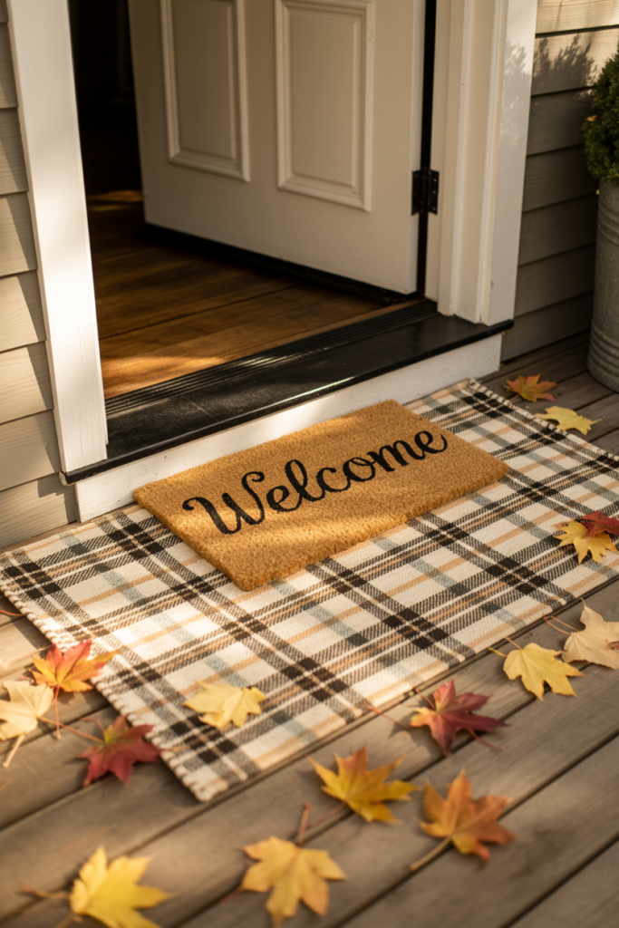 Stacked neutral pumpkins in shades of white, muted orange, and sage green styled by a fall front porch with rustic planters, autumn foliage, and cozy textures — chic seasonal pumpkin decor inspiration