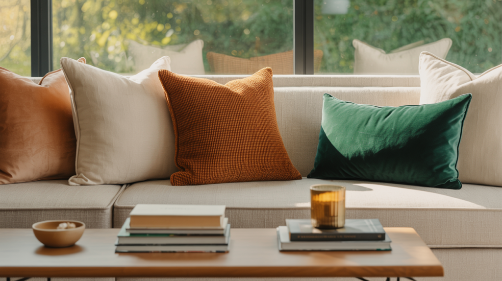 Modern neutral sofa styled with designer fall throw pillows in rust, cream, and deep green velvet, bathed in natural sunlight with a cozy coffee table setup in the foreground