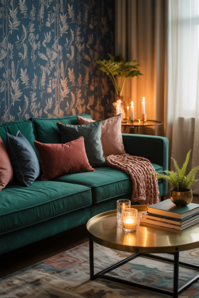 Cozy modern living room with emerald green velvet sofa, mix of blush pink, dusty blue, and sage throw pillows, soft knitted throw blanket, gold round coffee table with candles and stacked books, navy botanical wallpaper, and warm candlelight creating an inviting ambiance.