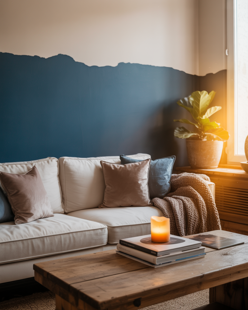 Cozy modern living room with cream sofa, velvet throw pillows, chunky knit blanket, rustic wood coffee table with stacked books and glowing candle, potted plant, and half-painted navy accent wall.