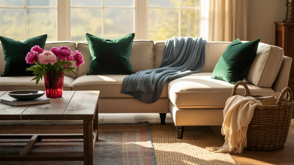 Cozy living room with cream sectional sofa, emerald green velvet throw pillows, pink peony bouquet in red vase, knitted blue throw blanket, rustic wood coffee table, and woven basket with cream throw, styled in warm natural light