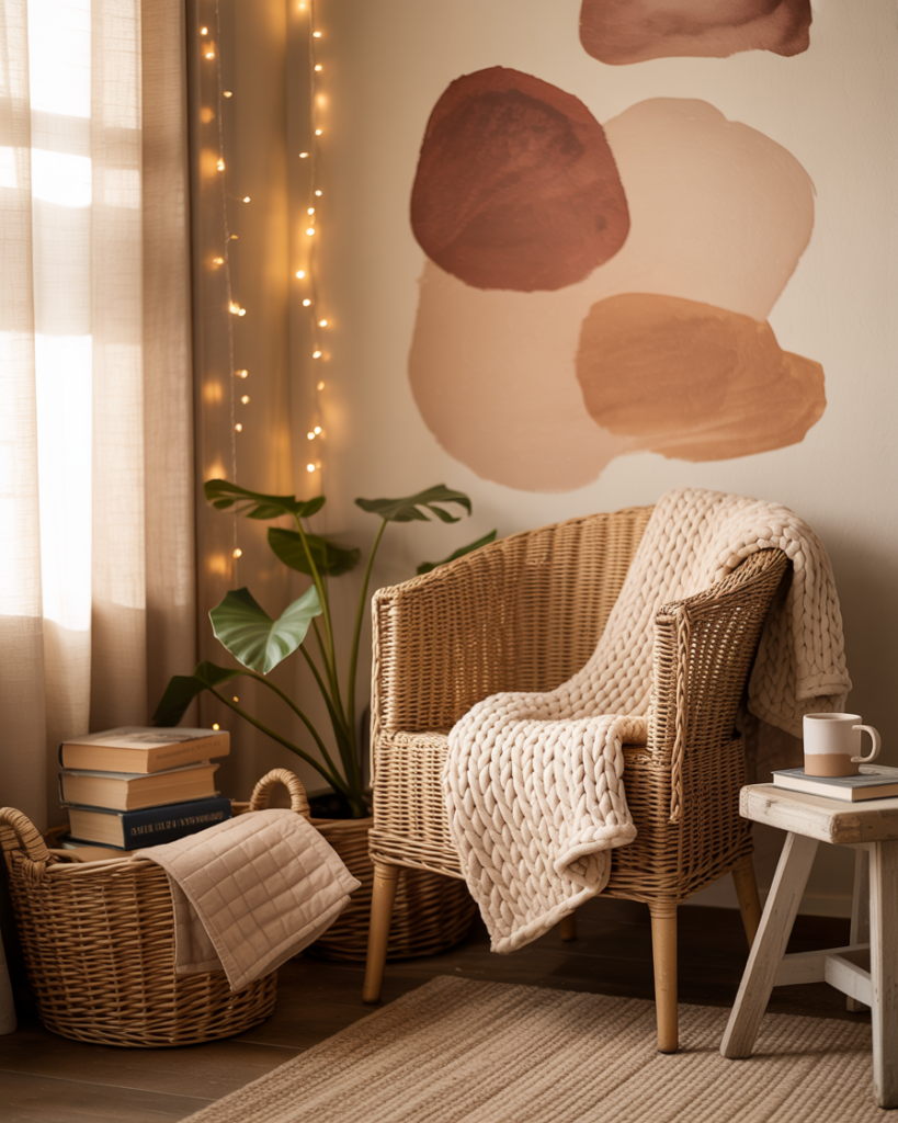 Warm reading nook with rattan chair draped in chunky knit blanket, neutral rug, basket with books, string lights, indoor plant, and hand-painted earthy wall art in terracotta and beige tones.
