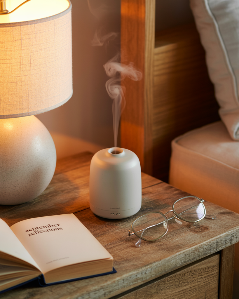 Minimalist ceramic essential oil diffuser releasing soft mist on a rustic wooden nightstand, styled with a glowing lamp, reading glasses, and an open book for cozy bedtime ambiance.