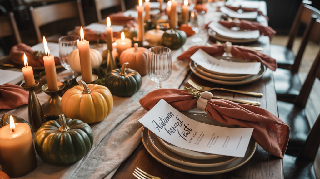 Elegant autumn harvest tablescape with pumpkins, gold candlesticks, rust-colored napkins, layered dinnerware, and printed menus for a festive fall dinner party.
