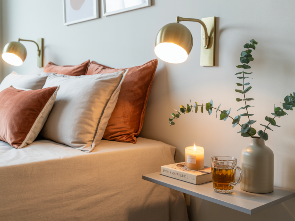 Modern cozy dorm room corner with rust and beige pillows on a linen-covered bed, brass wall sconces, eucalyptus in a ceramic vase, lit candle, classic book, and herbal tea on a minimalist floating nightstand