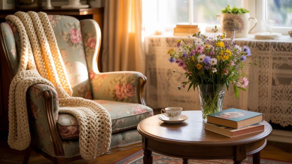 Cozy vintage reading nook with a floral armchair draped in a chunky cream knit blanket, a wooden coffee table holding a teacup, stacked books, and a vase of colorful wildflowers, bathed in warm afternoon sunlight through lace-curtained windows.