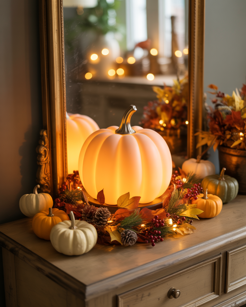 Warm fall vignette with a glowing pumpkin lamp centerpiece, surrounded by mini pumpkins, pinecones, berries, and autumn leaves, styled on a rustic wooden dresser with a gold-framed mirror reflecting cozy fairy lights.