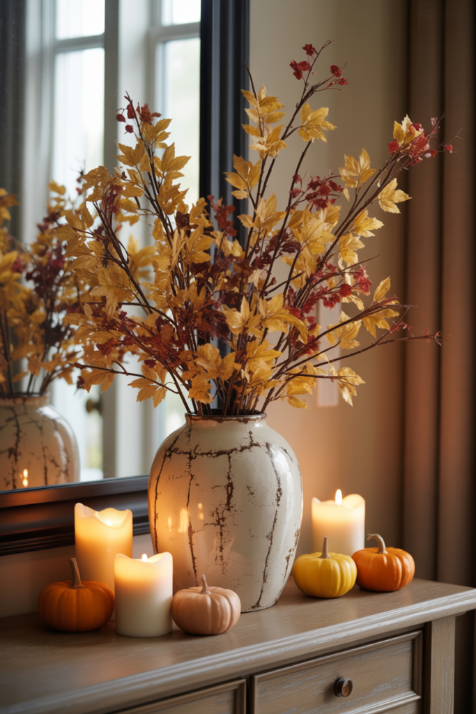 Cozy fall entryway vignette with rustic vase of golden autumn leaves, glowing pillar candles, and small decorative pumpkins styled on a wooden console table for warm seasonal decor.