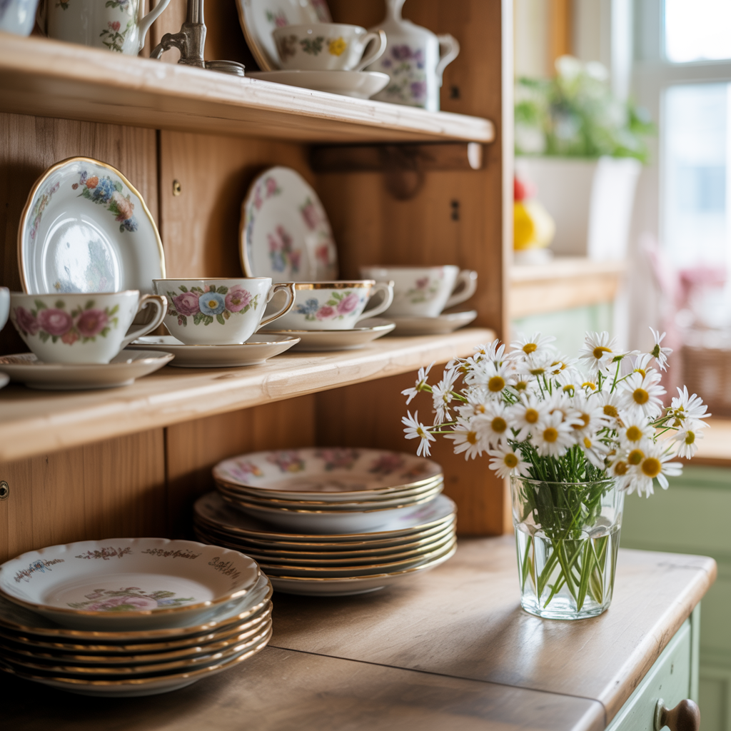 Charming grandmacore kitchen hutch with vintage floral china tea cups, saucers, and plates neatly stacked on wooden shelves, paired with a glass vase of fresh white daisies for a cozy cottage feel.