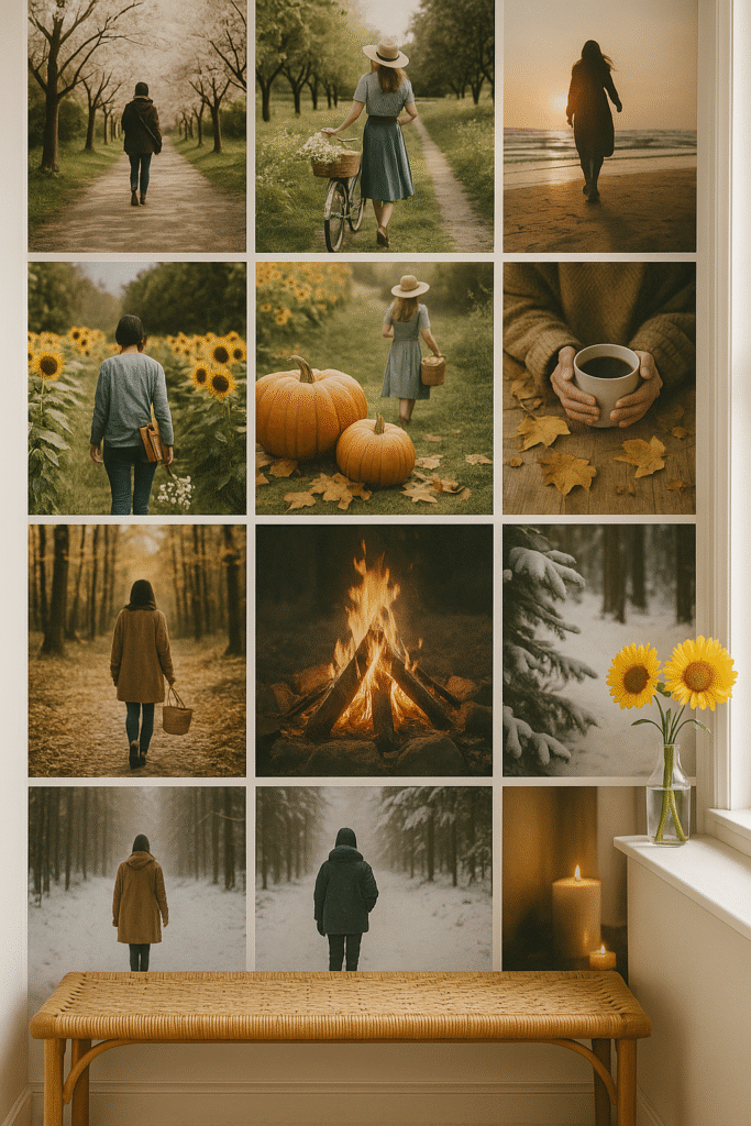 Bright entryway with a woven rattan bench beneath a window, a vase of yellow sunflowers on the sill, and a full wall covered in a seasonal photo collage wallpaper. The collage displays spring blossoms and bike rides, summer sunflower fields and beach walks, autumn pumpkins, golden leaves, and cozy coffee moments, and winter snowy forest paths and candlelight. The overall look is warm, airy, and welcoming, styled like a real family home.