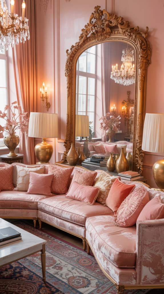 Oversized gold mirror reflecting blush pink decor in a pink maximalist living room.