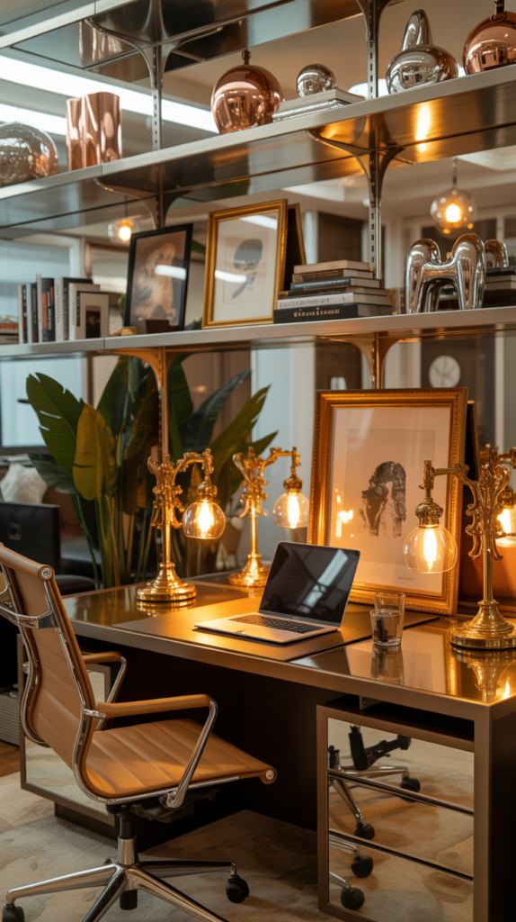 Metallic accents layered into a maximalist home office workspace.