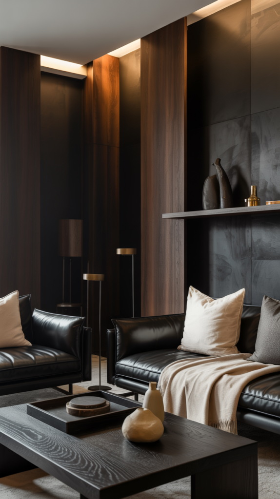 Dark Japandi maximalist living room with black walls, sculptural furniture, and warm minimalist decor