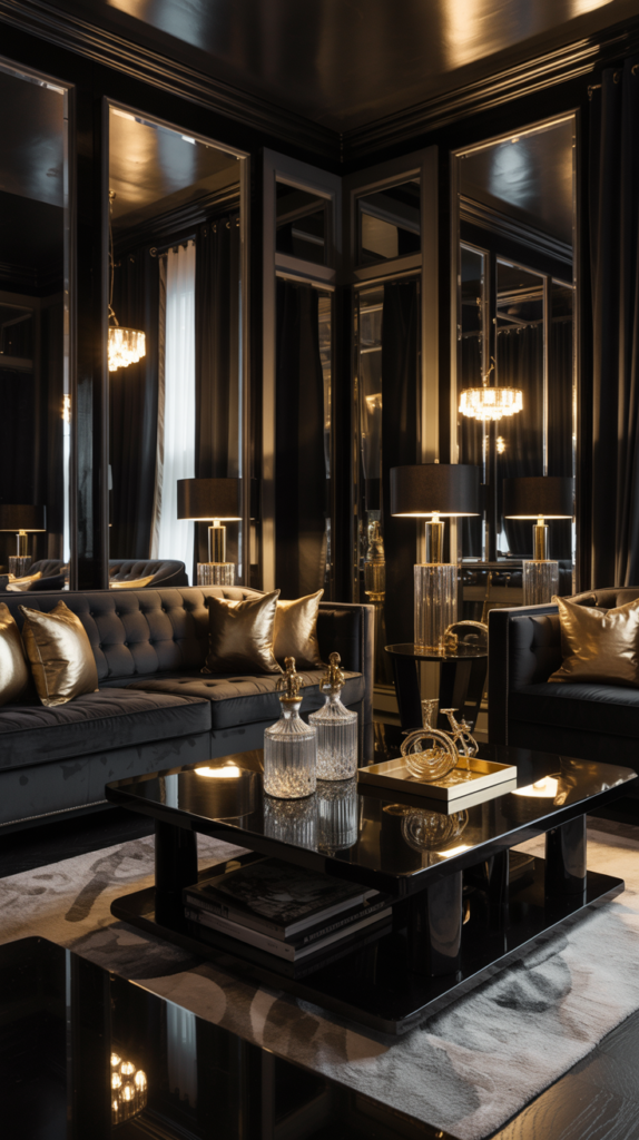 Dark Hollywood glam living room with black furniture, gold accents, and dramatic lighting