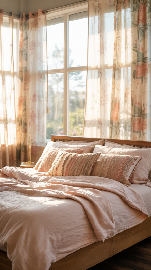 Boho bedroom with floral sheer curtains in soft rose and green creating a light, romantic window look.