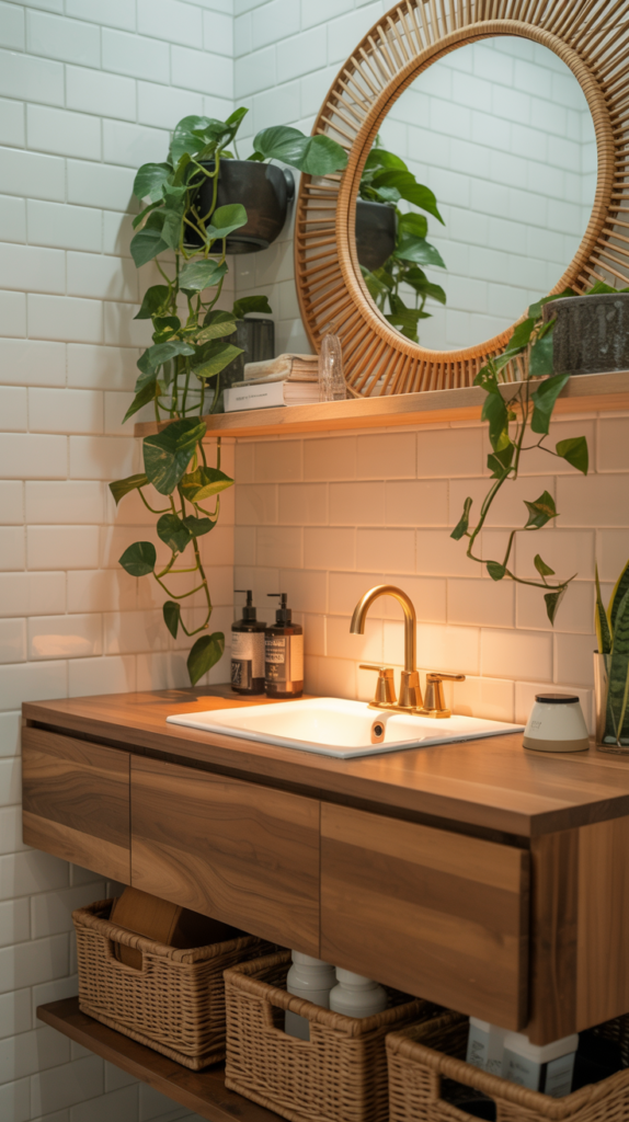 Modern boho vanity with wood, rattan, brass fixtures, and trailing plants.