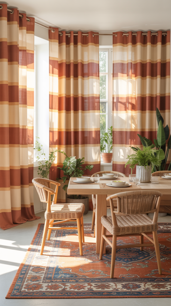 Boho living room with clay and blush fringe-edge curtains glowing in bright natural daylight.