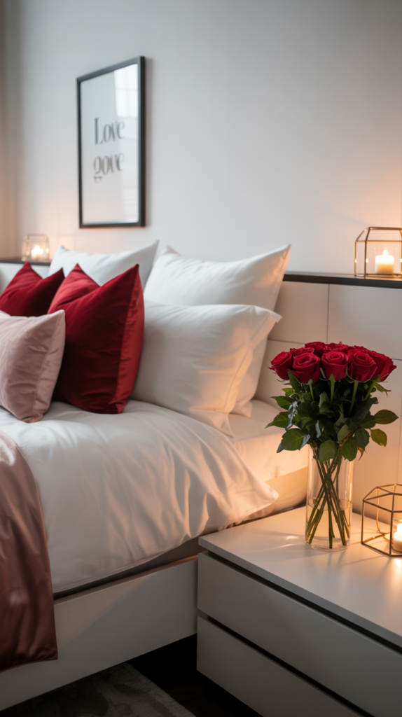 Modern Valentine bedroom with white bedding, red accents, and minimalist romantic décor