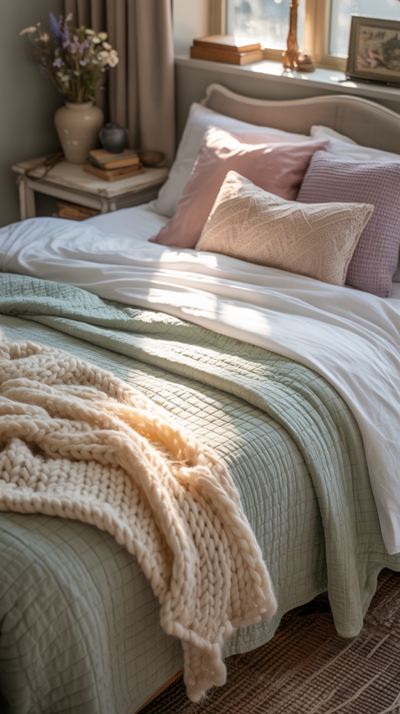 Layered cottagecore bedding with quilts, linen sheets, and textured throws creating a cozy lived-in look.
