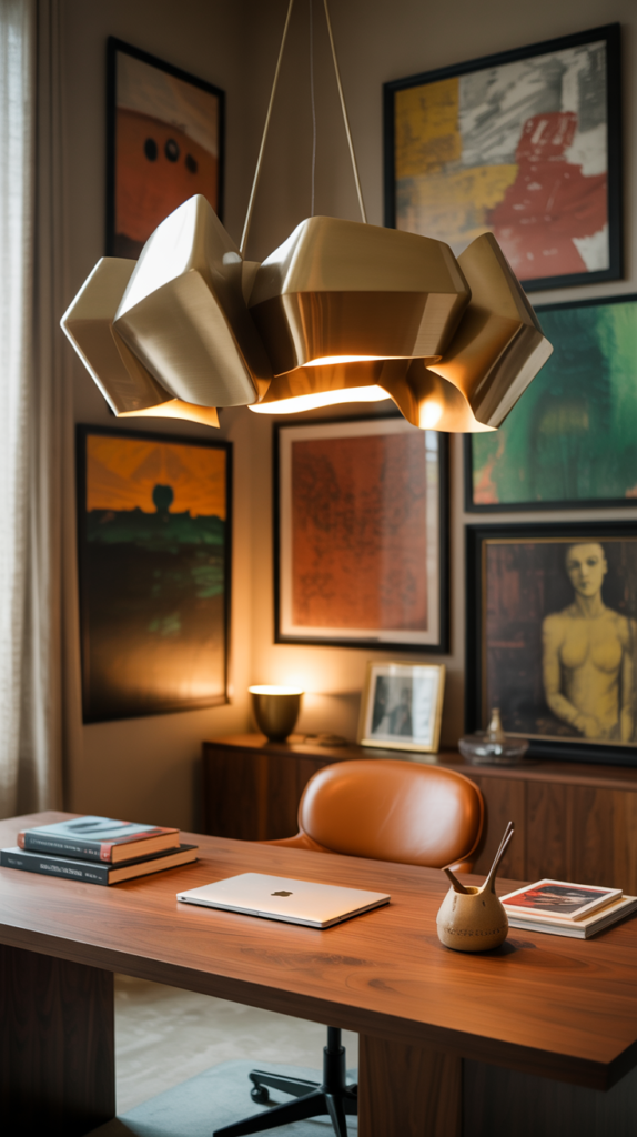 Maximalist home office with statement lighting used as a decorative focal point.