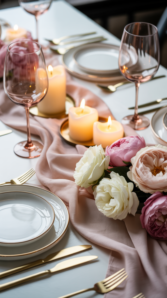 A dining table styled with a blush pink linen table runner, gold flatware, white plates, candles, and a small floral centerpiece.