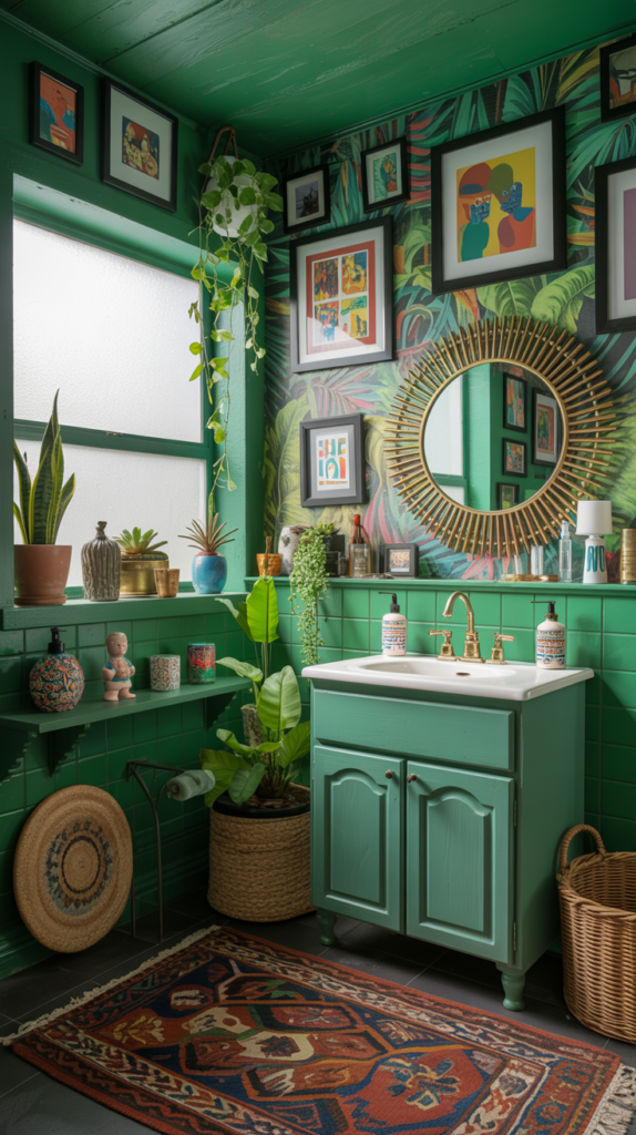 Eclectic colorful bathroom with layered decor, bold patterns, and artistic style.