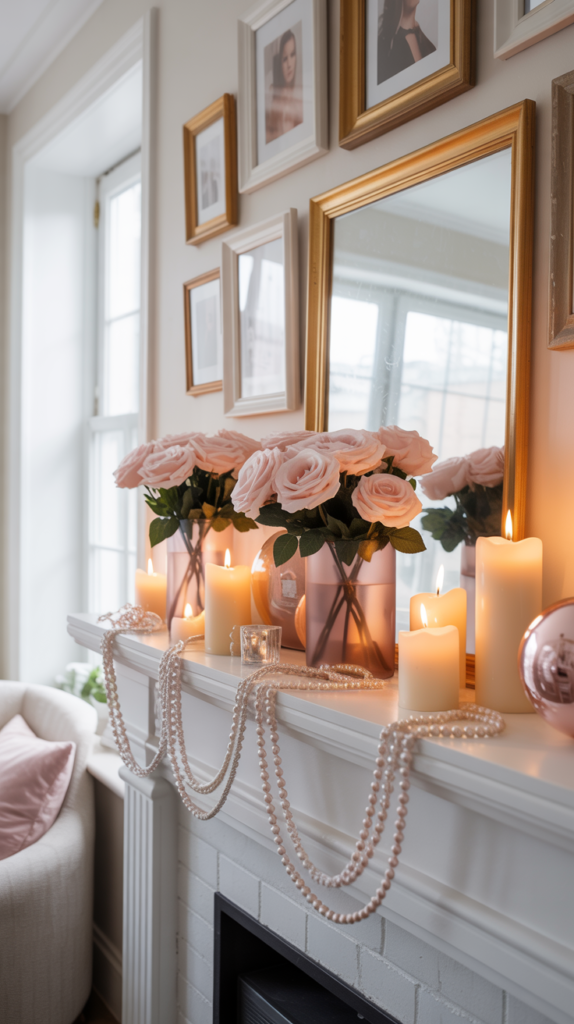 Blush and white Valentine mantel decorated with roses, candles, and pearl accents for a soft romantic look.