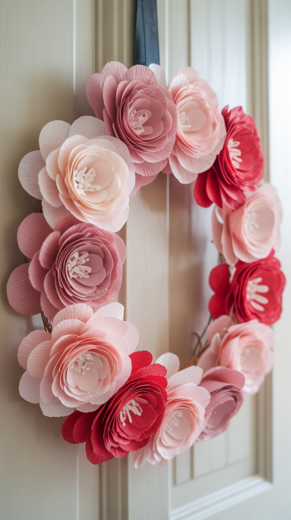 Blush and red paper flower Valentine wreath on a white front door.