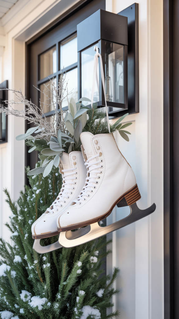 “Vintage white ice skates hung beside a lantern with greenery and snow-dusted textures on a porch.”