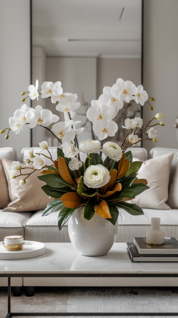 White and green winter floral arrangement styled in a comfortable living room.