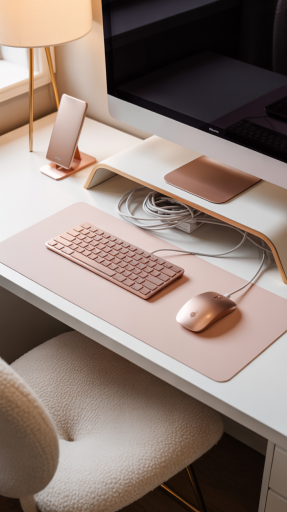 “Luxury feminine office chair in blush velvet with gold legs beside a white desk.”
