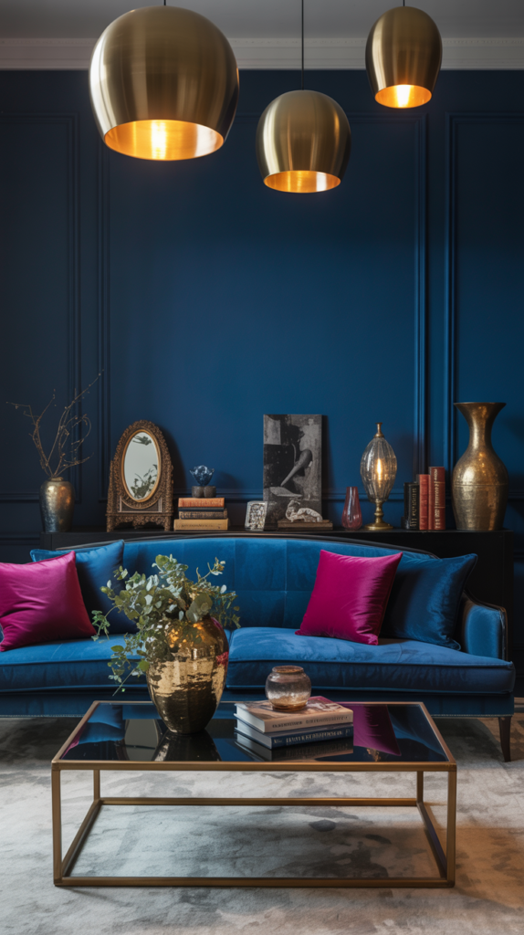 “Chic maximalist living room featuring a navy blue wall, fuchsia accents, brass furniture pieces, and bold elegant styling.”