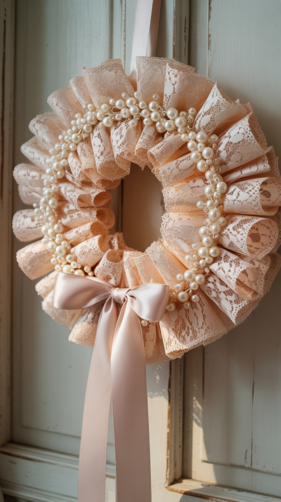 Lace and pearl Valentine wreath with a romantic vintage look on a white door.