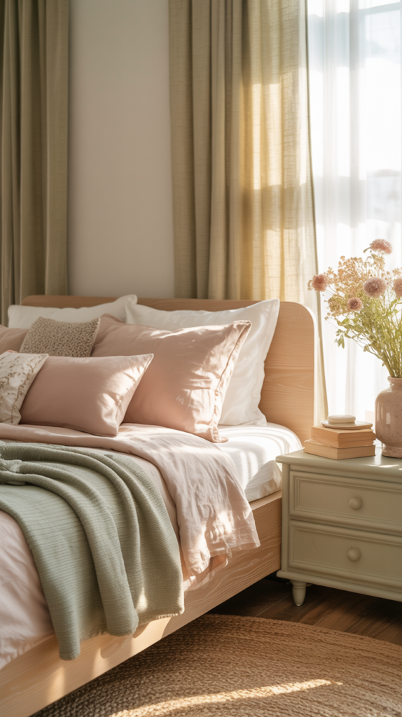 Cottagecore bedroom with warm neutral colors and pastel accents for a calm, romantic retreat.