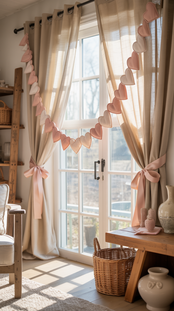 Farmhouse window decorated with Valentine’s heart garland and blush ribbon.