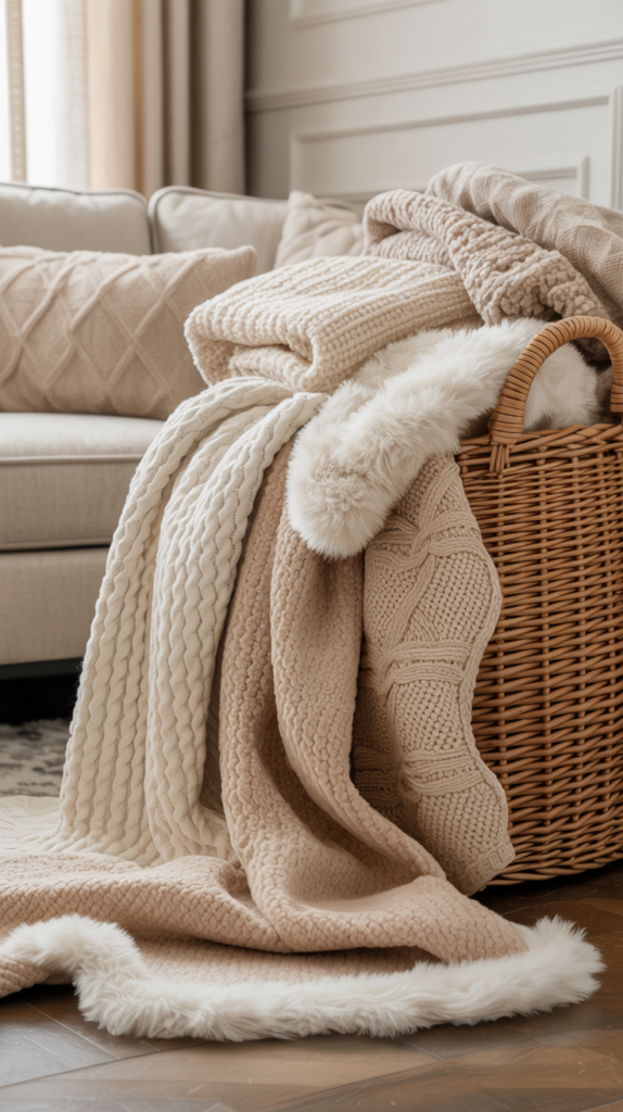Woven basket holding neutral winter blankets beside a cozy living room sofa.