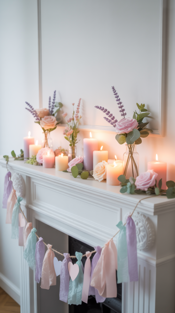 Pastel Valentine mantel with soft lavender, mint, peach, and pink décor for a dreamy romantic look.