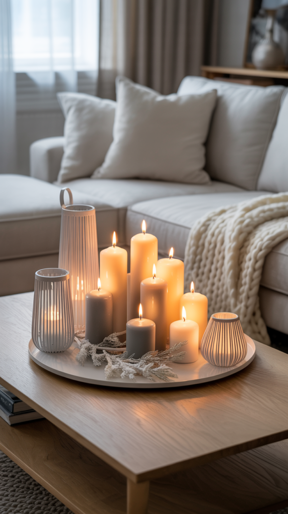 Matte candles and frosted holders creating a warm winter evening glow.