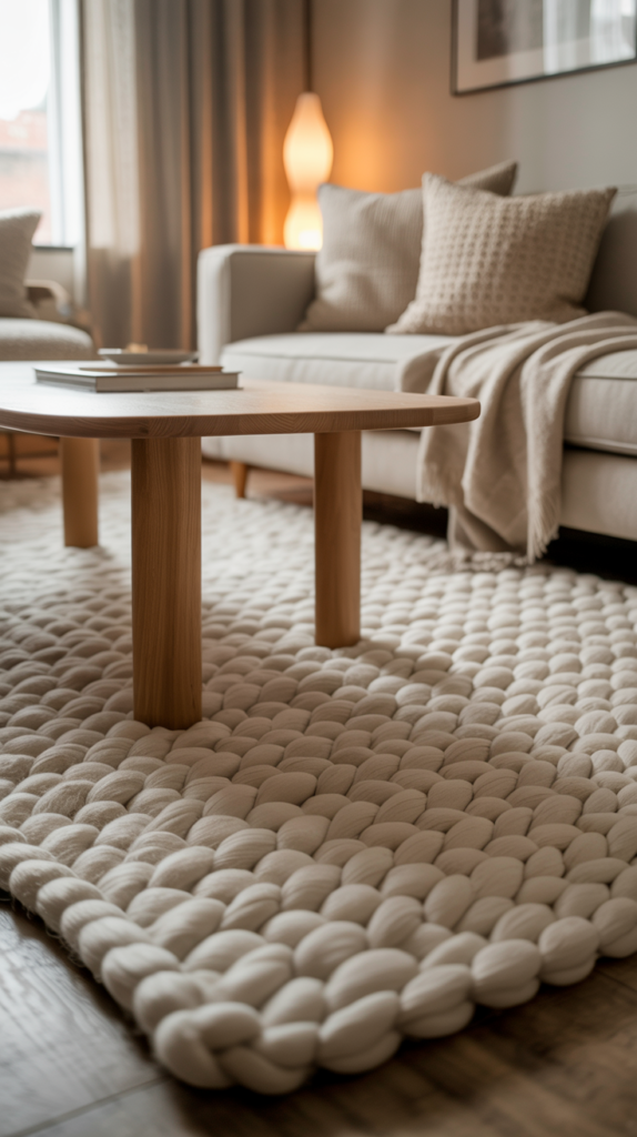 Neutral winter living room with a thick textured rug under a light wood coffee table.