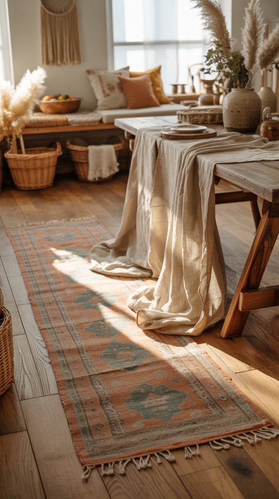 “Boho kitchen with a vintage patterned runner and soft linen textiles creating a warm layered look.”