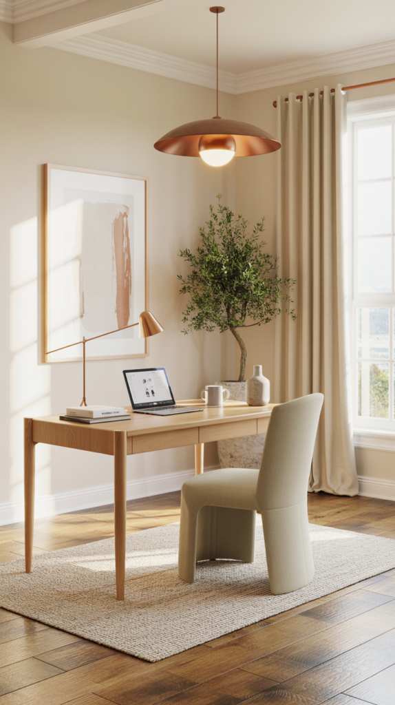 Copper and cream interior with warm metallic accents, neutral furniture, and soft daylight in a refined upscale home.