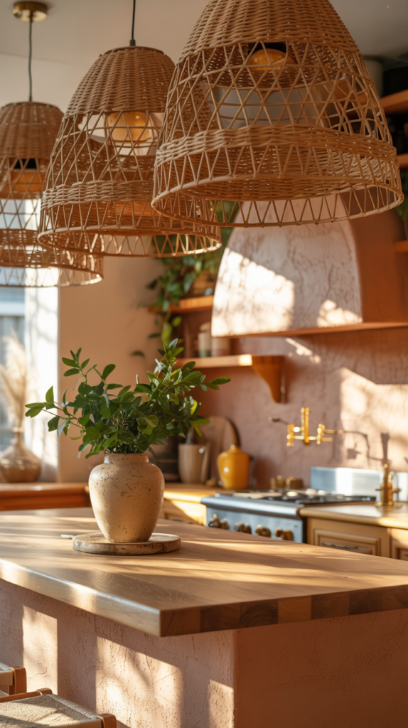 “Kitchen island with large woven pendant lights casting warm shadows in a cozy Boho space.”