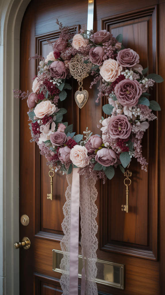 Vintage Victorian Valentine wreath with lace, muted florals, and gold accents on an elegant door.
