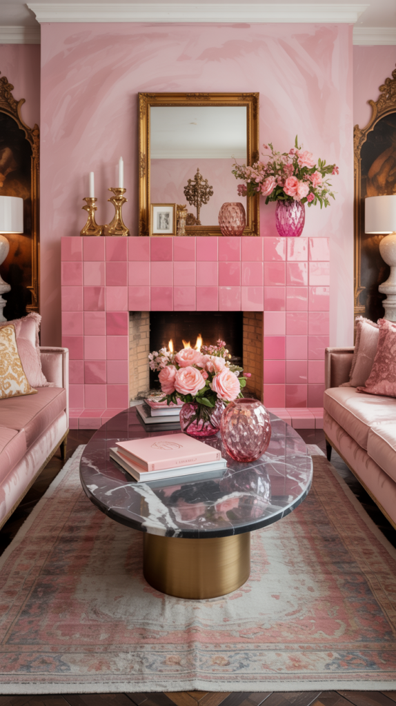 Pink fireplace in a luxury pink maximalist living room with velvet sofas, marble coffee table, and layered designer deco
