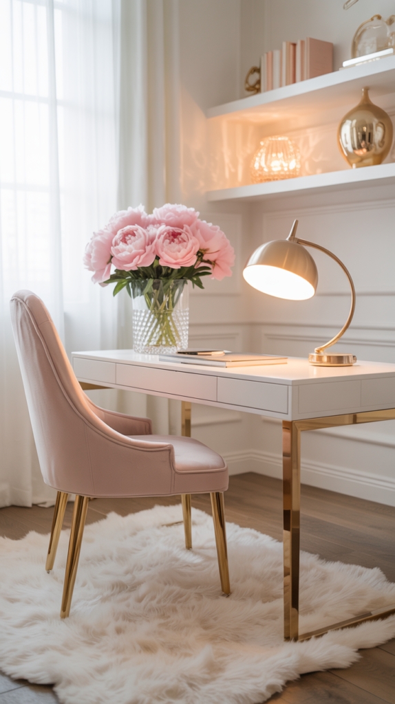 “Feminine office featuring a plush cream rug, blush chair, and soft natural lighting.”