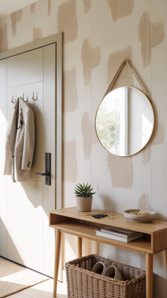 “Minimalist entryway with peel-and-stick beige wallpaper, wooden console table, round mirror, and a basket under the console.”