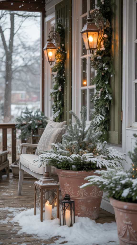 “Front porch decorated with faux snow, lanterns, evergreens, and a magical winter atmosphere.”