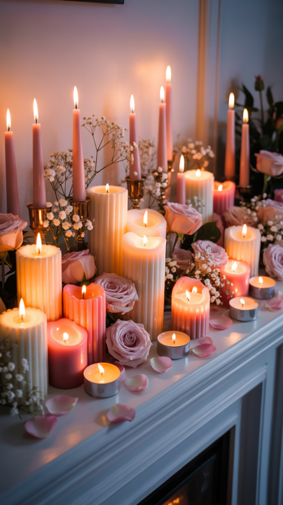 Valentine mantel glowing with layered candles and soft pink accents for a warm romantic feel.
